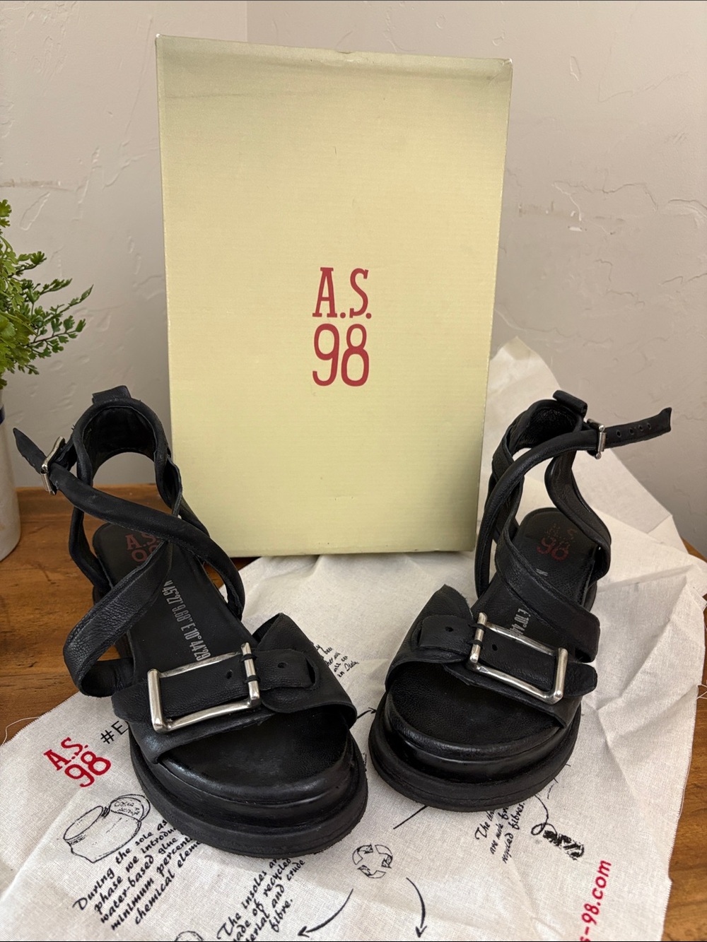 A.S.98 Women's Black Leather Buckle Platform Sandals